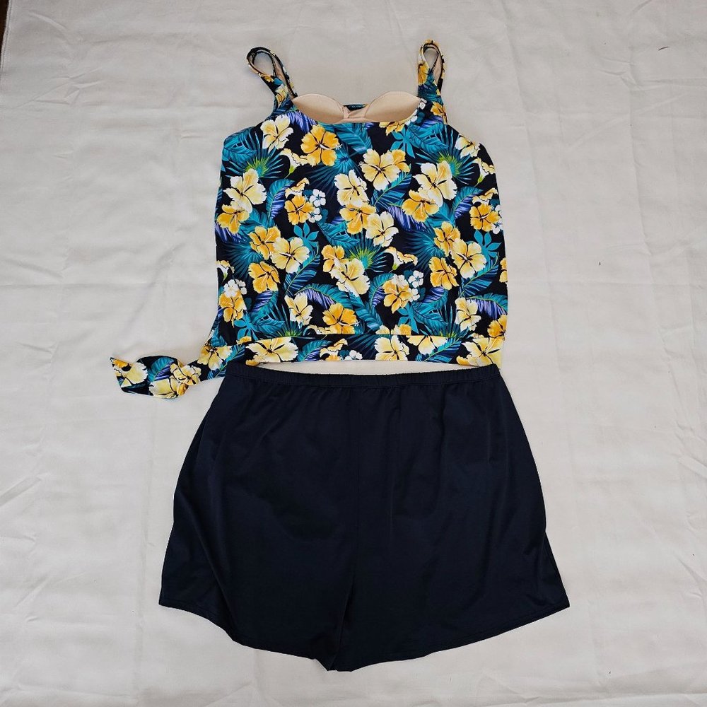 Swimsuit For All Women's Floral Side Tie Blouson Tankini And Shorts Plus Size 26 - Picture 3 of 16